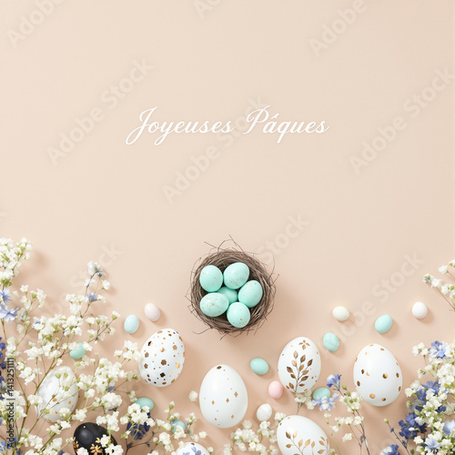 Obraz na płótnie Elegant Pastel Easter Arrangement with Decorative Eggs and Floral Touches w salonie