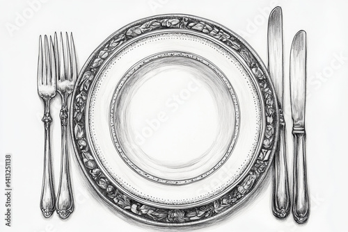 Drawing of a plate with a knife and fork set neatly placed alongside, with a focus on minimalistic design and clean lines.