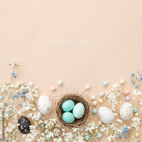 Obraz na płótnie Elegant Pastel Easter Flat Lay with Decorative Eggs and Floral Accents w salonie