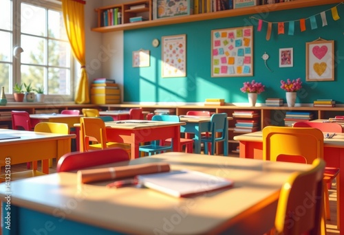 Wallpaper Mural vibrant classroom supplies colorful desks learning tools organization creativity education atmosphere bright colors variety stationery, pens, pencils Torontodigital.ca
