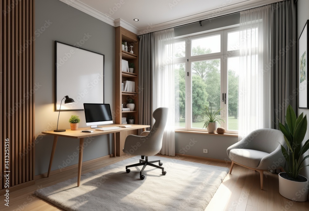Fototapeta premium stylish home office design modern decor contemporary workspace aesthetic furnishings chic ambiance productivity comfort, furniture, lighting, computer, desk