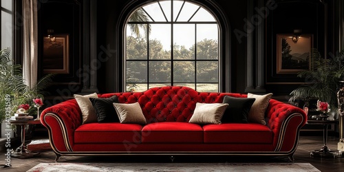 Opulent Interior: Red Velvet Sofa, Black Walls, and Natural Light Through Arched Window