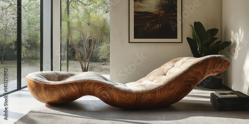 Unique Wooden Lounge Chair in Bright Minimalist Living Room with Garden View and Modern Décor