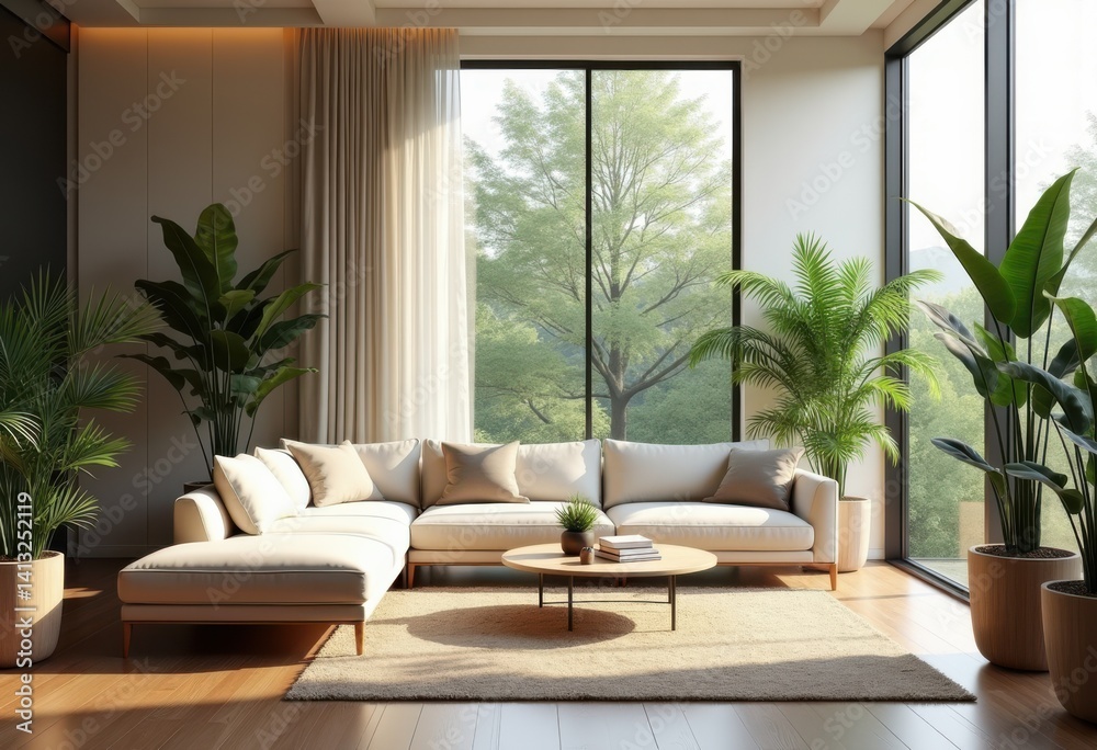 Fototapeta premium stylish modern living room interior design featuring lush indoor greenery natural light minimalist furniture, plants, decoration, nature, home, space