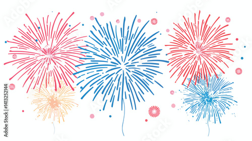 Vibrant Fireworks Explosion in Night Sky, Festive Celebration, Flat Vector Illustration Isolated on 
