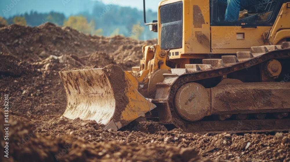 Obraz premium Construction worker operating bulldozer for site grading. Featuring precision and control