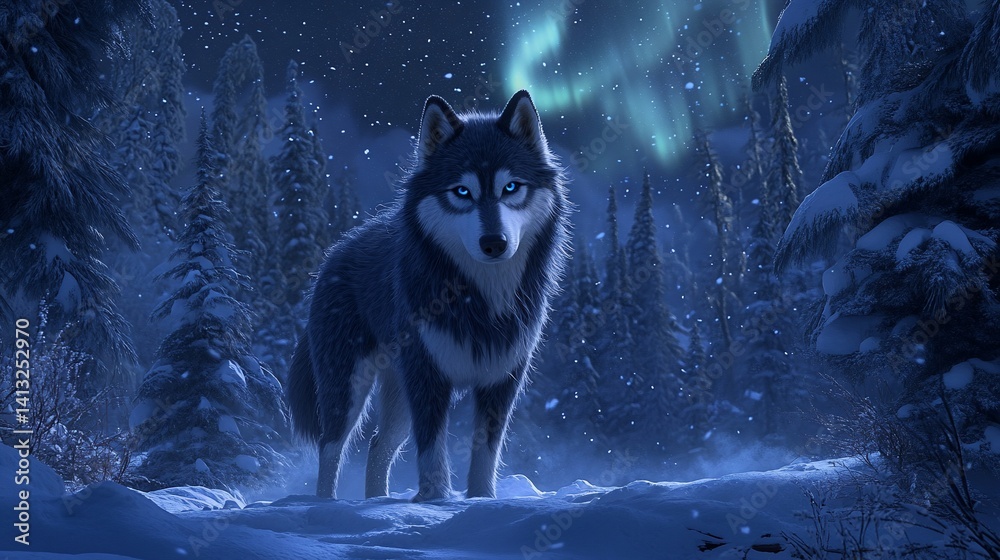 Majestic wolf stands in snowy forest under dancing northern lights Majestic wolf stands in snowy forest under dancing northern lights