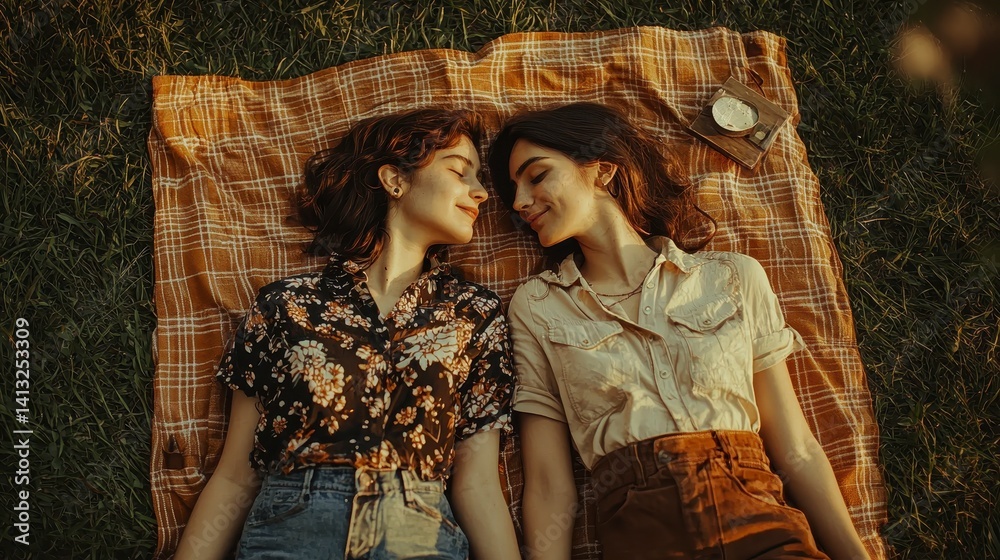Fototapeta premium Young Couple Relaxing on Plaid Blanket in Golden Hour Sunlight