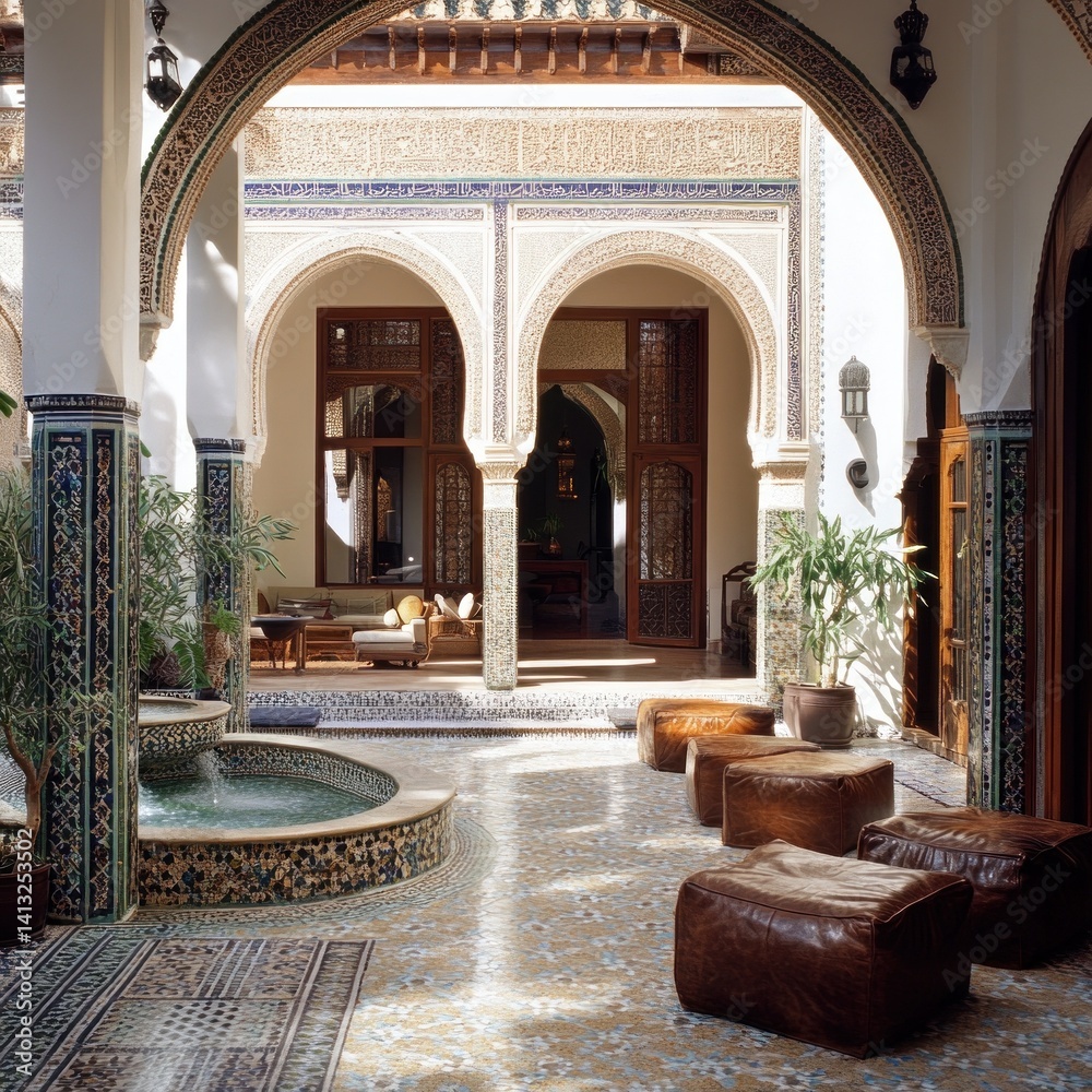 Obraz premium Moorish archways leading to a patio with mosaic-tiled fountains, carved wooden screens, and low leather poufs. 