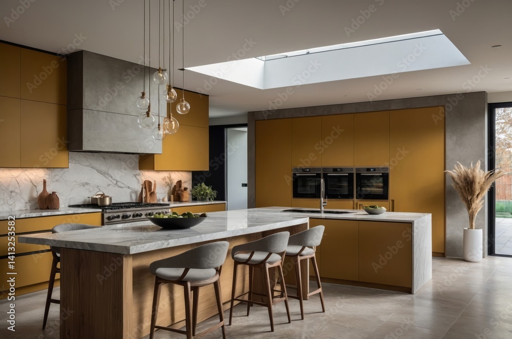 Fototapeta premium Modern kitchen interior featuring cabinets a central island and lights