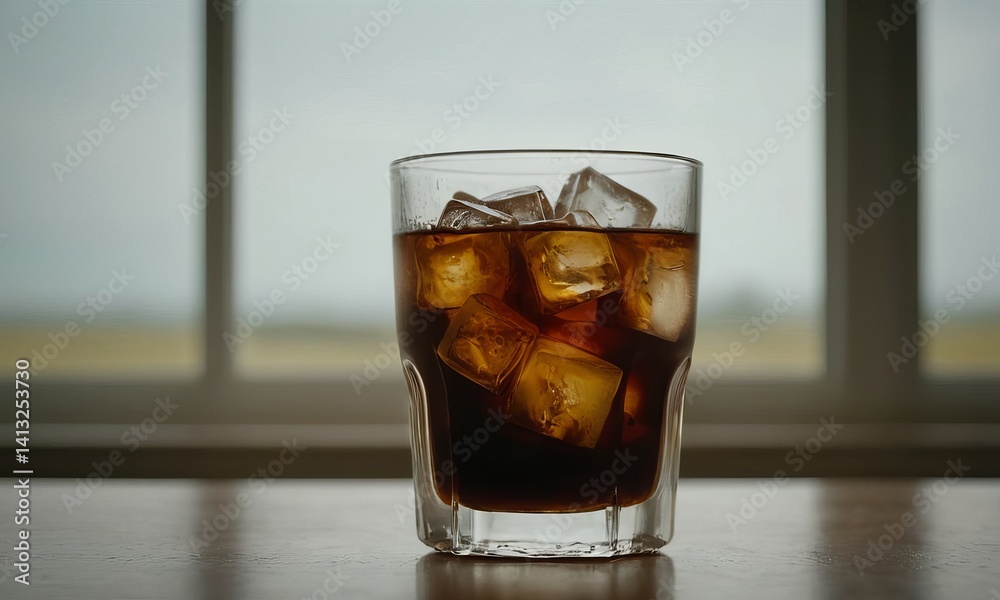 Refreshing cola beverage with ice cubes in a glass on a rustic table Refreshing cola beverage with ice cubes in a glass on a rustic table