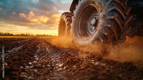 Tractor working in field at sunset.  Dust rising