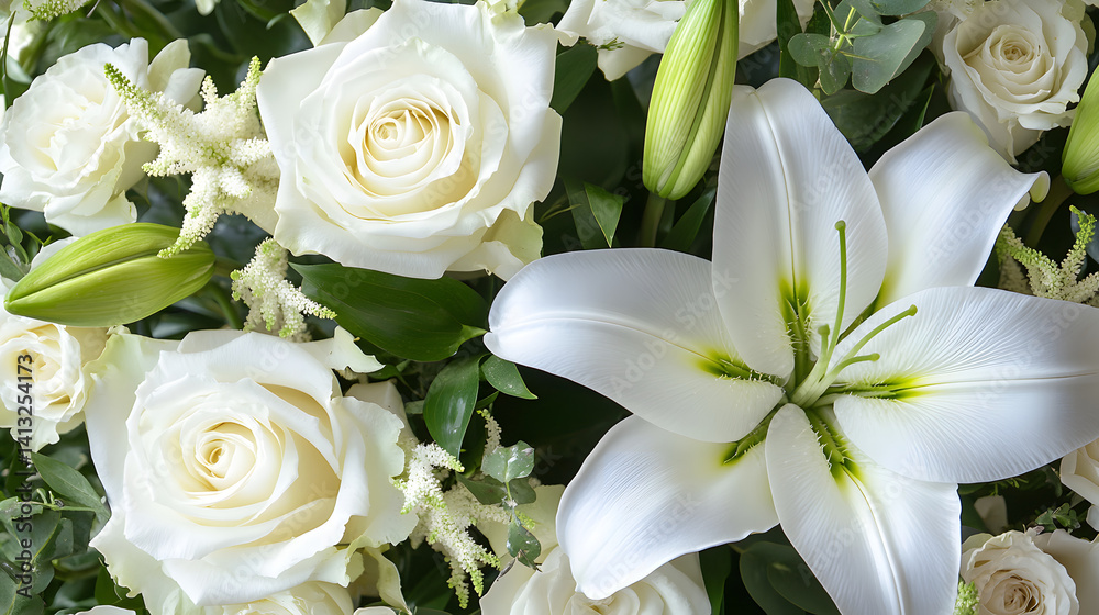 Fototapeta premium A white funeral bouquet of lilies and roses, with subtle greenery, symbolizing peace, remembrance, and eternal love.