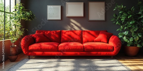 Cozy Interior Scene: Red Couch, Plants, and Pictures on Gray Wall