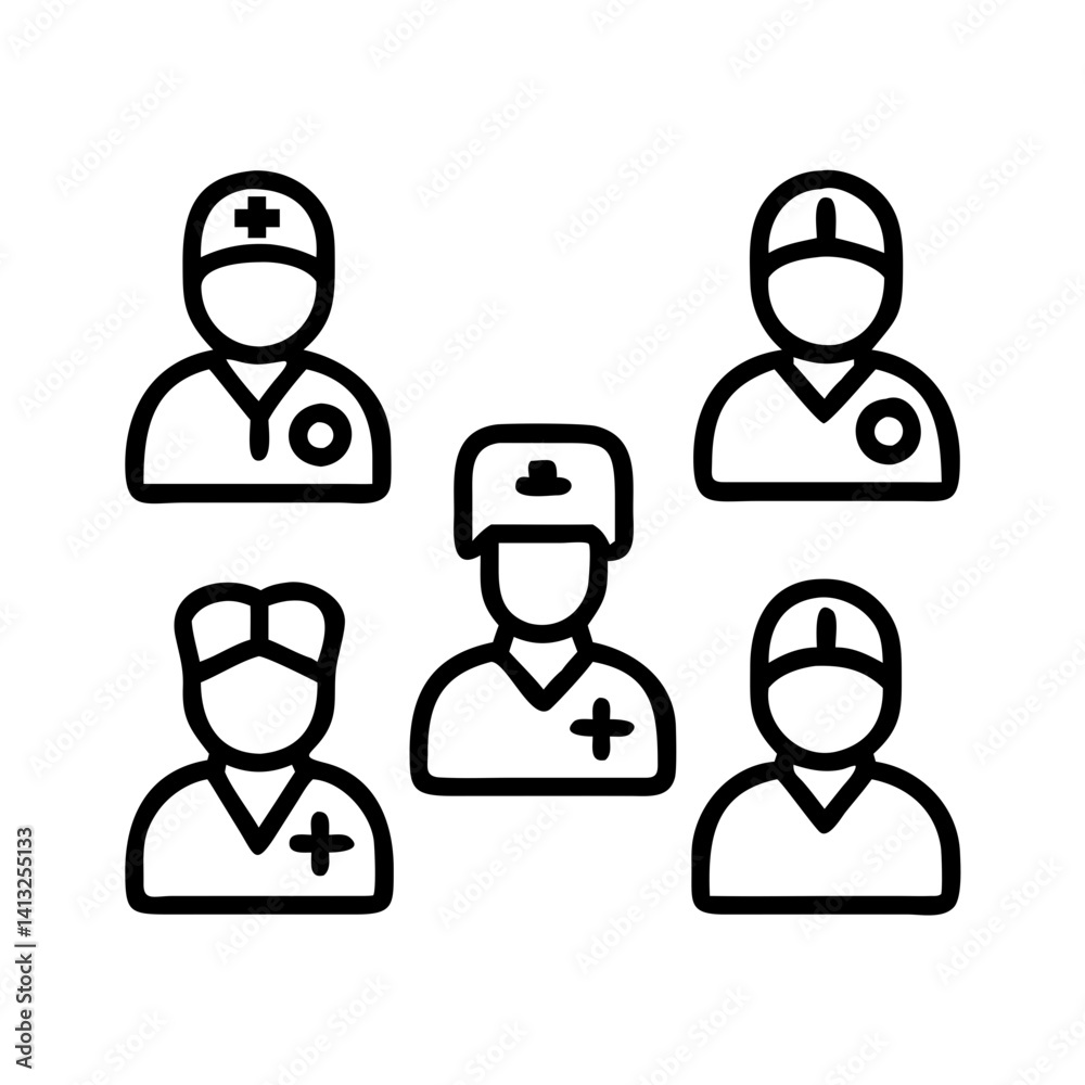 Healthcare workers doctors nurses medical staff team vector icon illustration group of professionals
