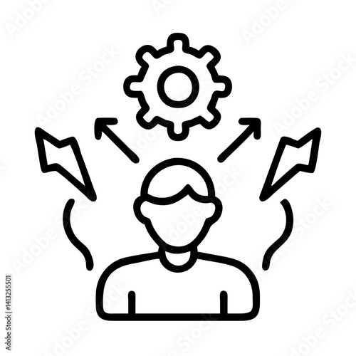 Person with gear, idea, and lightning bolt symbols representing innovation, strategy and solution