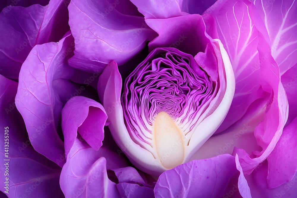 Obraz premium A close up of a purple cabbage flower with a white center