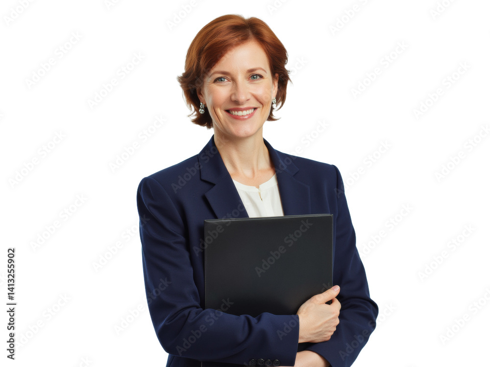 Business portrait isolated on white transparent background: A confident businesswoman with auburn hair smiles warmly while holding a tablet and wearing a navy blazer, suggesting professionalism and Business portrait isolated on white transparent background: A confident businesswoman with auburn hair smiles warmly while holding a tablet and wearing a navy blazer, suggesting professionalism and