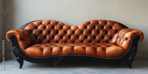 Luxurious Tufted Leather Couch with Black Wood Frame in a Classic Style Interior