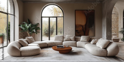 Luxurious Beige Interior Design: Curved Sofa, Abstract Art, and Natural Light