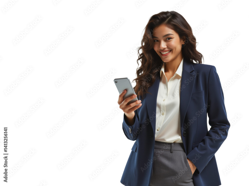 Business portrait isolated on white transparent background: A smiling young woman with long, wavy dark hair looks at her smartphone while standing in a professional setting wearing a navy blazer and Business portrait isolated on white transparent background: A smiling young woman with long, wavy dark hair looks at her smartphone while standing in a professional setting wearing a navy blazer and