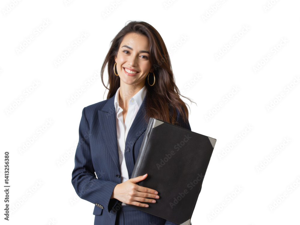 Business portrait isolated on white transparent background: A smiling young professional woman in a navy pinstripe suit confidently holds a black portfolio while looking directly at the camera. Business portrait isolated on white transparent background: A smiling young professional woman in a navy pinstripe suit confidently holds a black portfolio while looking directly at the camera.