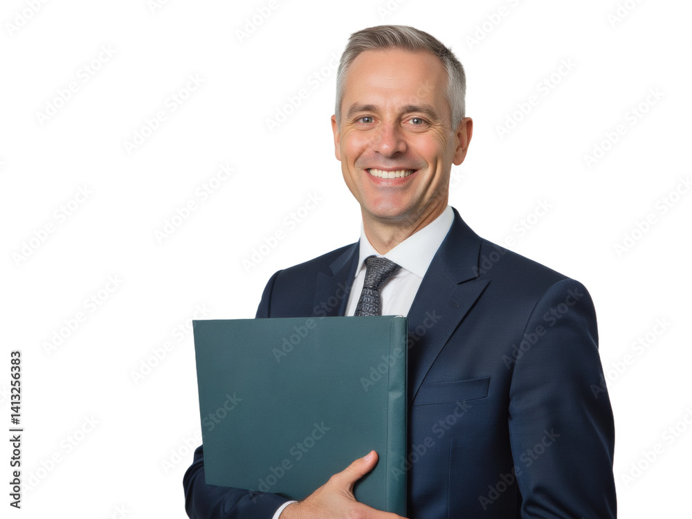 Business portrait isolated on white transparent background: A mature man with graying hair smiles confidently while holding a dark blue folder against a neutral gray background. Business portrait isolated on white transparent background: A mature man with graying hair smiles confidently while holding a dark blue folder against a neutral gray background.