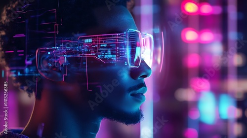 Futuristic woman with neon glowing technology and digital network high resolution picture