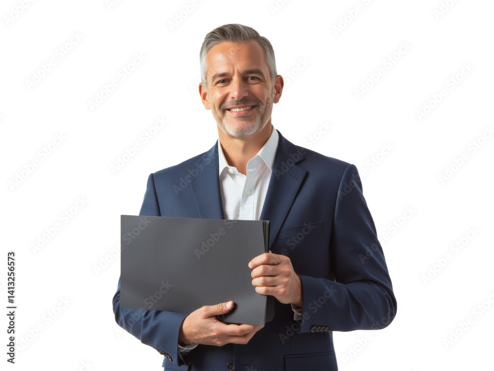 Business portrait isolated on white transparent background: A mature man with gray hair, wearing a navy blue suit and white shirt, confidently smiles while holding a black portfolio against a white 