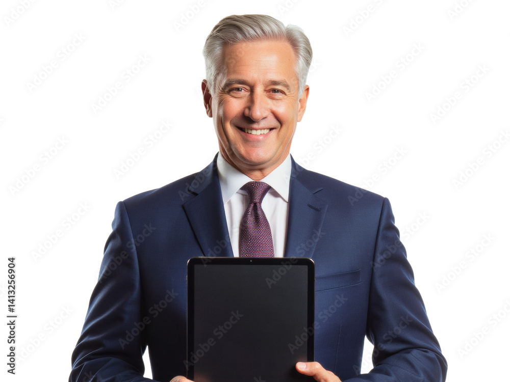 Business portrait isolated on white transparent background: A mature businessman with gray hair smiles confidently while holding a tablet against a white background. Business portrait isolated on white transparent background: A mature businessman with gray hair smiles confidently while holding a tablet against a white background.