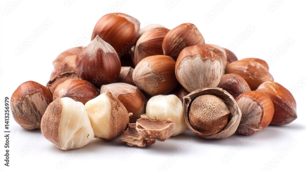 Pile of Hazelnuts in Shell and Kernels on White Background Pile of Hazelnuts in Shell and Kernels on White Background