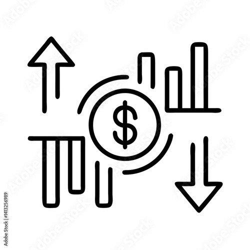 Financial growth analysis chart with dollar coin, up and down arrows, and bar graph for finance data