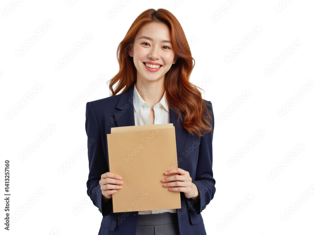 Business portrait isolated on white transparent background: A smiling young Asian woman in a navy blazer and white shirt confidently holds a folder, presenting a professional and approachable demean Business portrait isolated on white transparent background: A smiling young Asian woman in a navy blazer and white shirt confidently holds a folder, presenting a professional and approachable demean