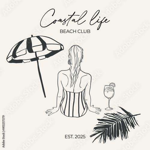 Girl in a swimsuit, palm's leaf, coctail and beach umbrella vector whimsical illustration. Whimsy summer beach clip art composition.
