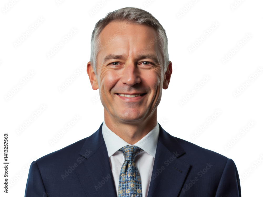 Business portrait isolated on white transparent background: A smiling, middle-aged man with graying hair and a professional demeanor confidently looks directly at the camera, wearing a dark suit, wh Business portrait isolated on white transparent background: A smiling, middle-aged man with graying hair and a professional demeanor confidently looks directly at the camera, wearing a dark suit, wh