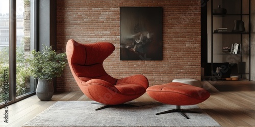 Modern Interior with Red Egg Chair, Brick Wall, and Natural Light Accents