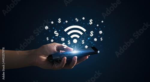 Monetizing Wireless Connectivity: Hand Holding a Smartphone Emitting a Wi-Fi Signal Surrounded by Dollar Symbols


