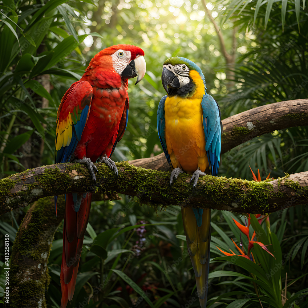 Obraz premium vibrant and lushly colored macaws in natural habitats, displaying exotic beauty, diverse wildlife and tropical rainforest scenes.