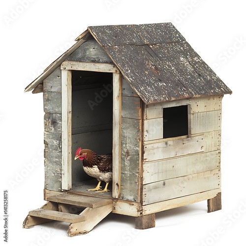 Rustic hen house with chicken inside.