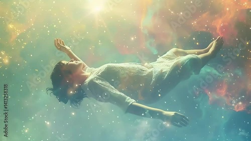 Woman floating in cosmic space.