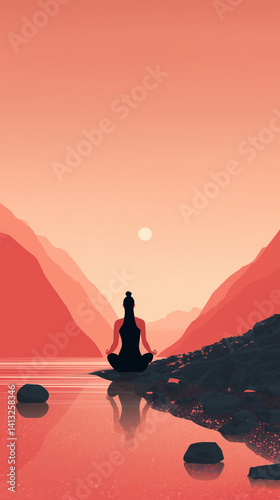 Illustration of a woman practicing meditation, yoga, and relaxation in her calm mountains, with tranquility, peaceful mind, well-being, and serenity - Generated by Generative AI	