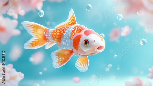 A vibrant koi fish, surrounded by cherry blossoms and bubbles, in a serene aquatic scene