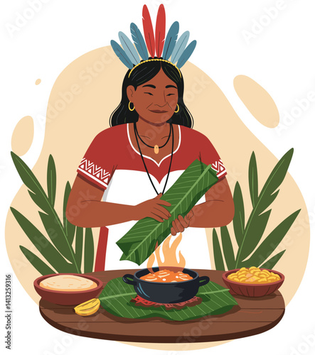 Latin American Indigenous woman preparing ancestral food. Colorful minimalist illustration