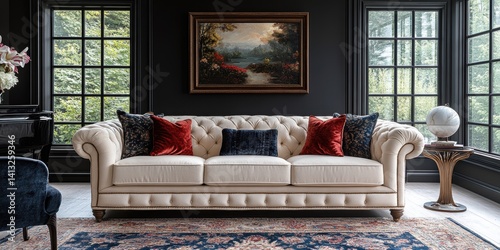 Elegant Interior with a Tufted Sofa, Landscape Painting, and Lush Greenery Outside the Window
