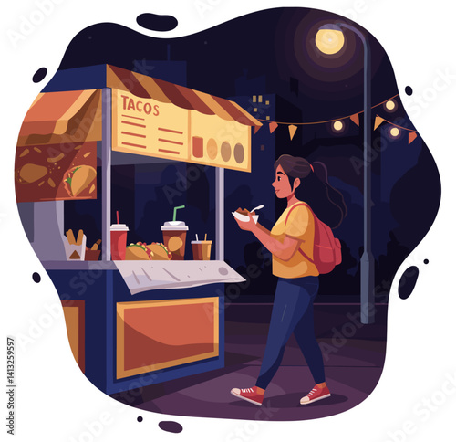 Woman Buying Tacos from a Street Food Stall at Night