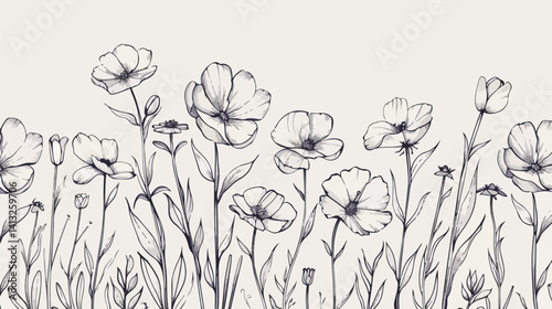 Hand Drawn Floral Outline: Elegant Botanical Vector Illustration Perfect for Design Projects,       