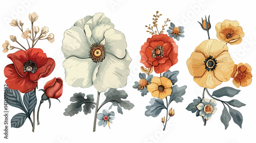 Elegant Botanical Flower Ornament: Vintage Floral Vector Design for Spring art card cute soft buds  