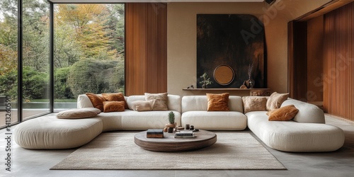 Interior Living Room with Large Windows and Modern Furniture Design.