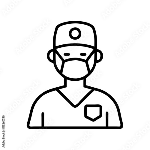 Medical professional doctor surgeon with mask and cap line art vector illustration icon