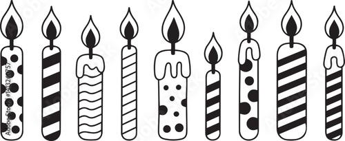 Set of Simple line art of a decorated birthday candles